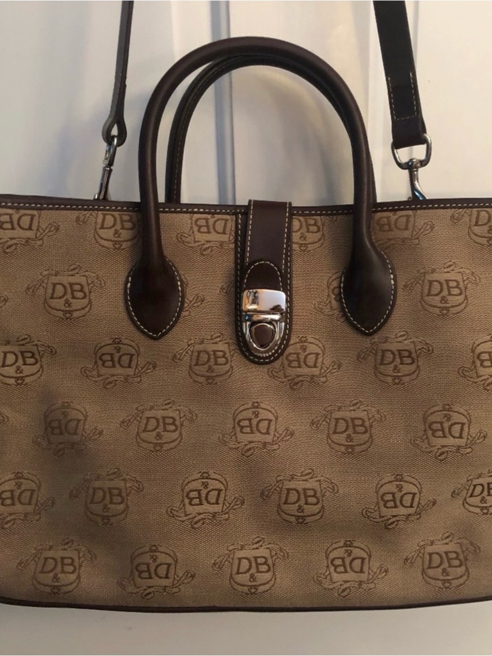 Dooney & Bourke Tan and Dark Brown Logo Canvas Satchel